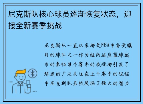 尼克斯队核心球员逐渐恢复状态，迎接全新赛季挑战