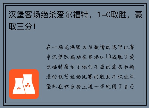 汉堡客场绝杀爱尔福特，1-0取胜，豪取三分！