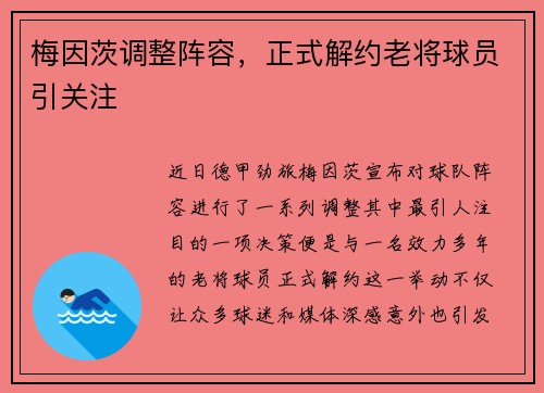 梅因茨调整阵容，正式解约老将球员引关注