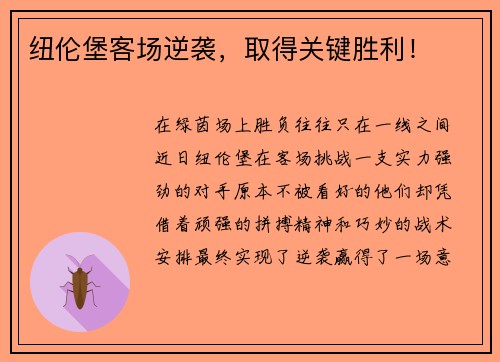 纽伦堡客场逆袭，取得关键胜利！