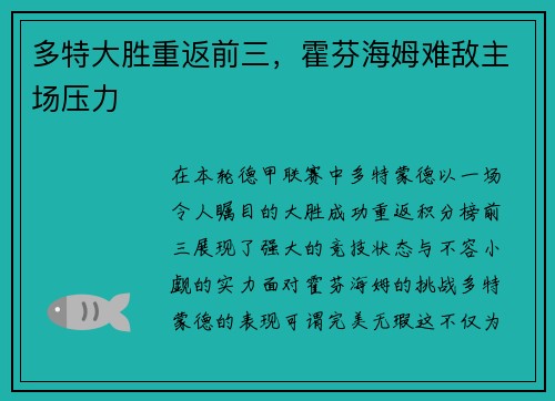 多特大胜重返前三，霍芬海姆难敌主场压力