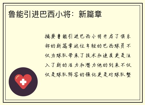 鲁能引进巴西小将：新篇章