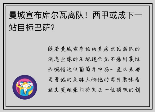 曼城宣布席尔瓦离队！西甲或成下一站目标巴萨？