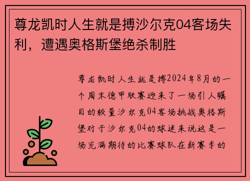 尊龙凯时人生就是搏沙尔克04客场失利，遭遇奥格斯堡绝杀制胜